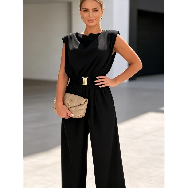 

Elegant Commuting Solid Color Sleeveless Cowl Neck Women's Jumpsuit Spring Summer Fashion New Straight Tube Versatile Jumpsuit