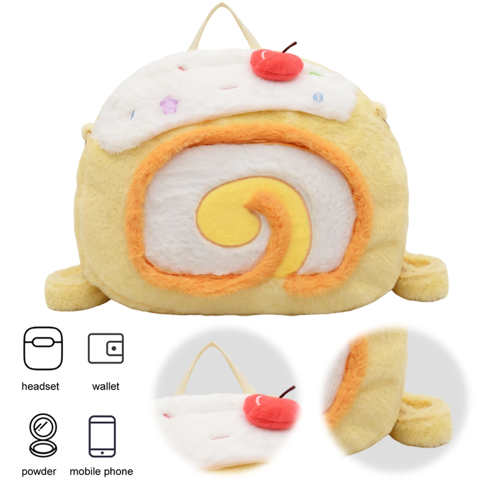 Roll Cake Design Plush Backpack Kawaii Cherry Embroidery Girls Large Capacity Crossbody Bag