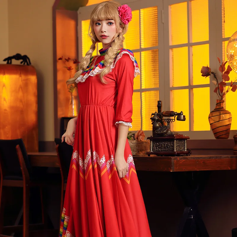 Jupe de danse à éléments mexicains avec couvre-chef, vêtements de spectacle de Festival à grand ourlet, multicolore, Style européen et américain