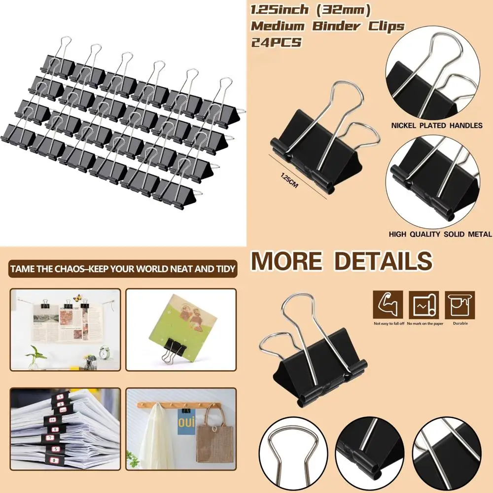 

Binder Clips, Medium Clips,24 Pcs 1.25 Inch,Black Metal Binder Clips and Paper Clips for Office, Home, School