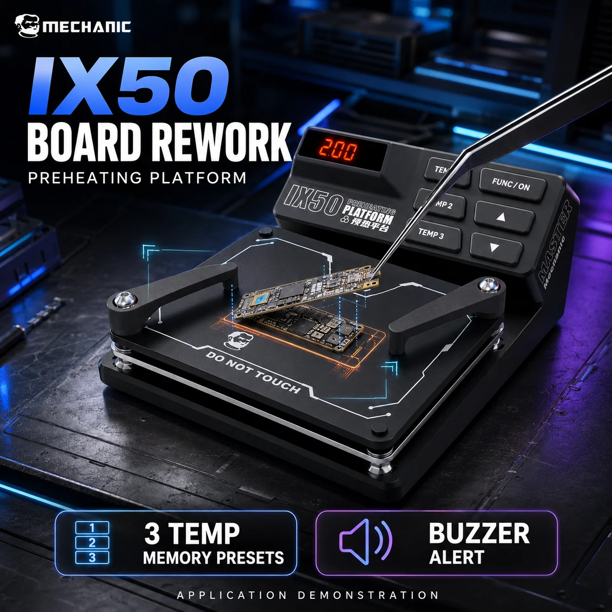 MECHANIC IX50 Motherboard Preheater with 3 Temperature Memory Presets Buzzer Alert for PCB Soldering Rework Chip Glue Removal