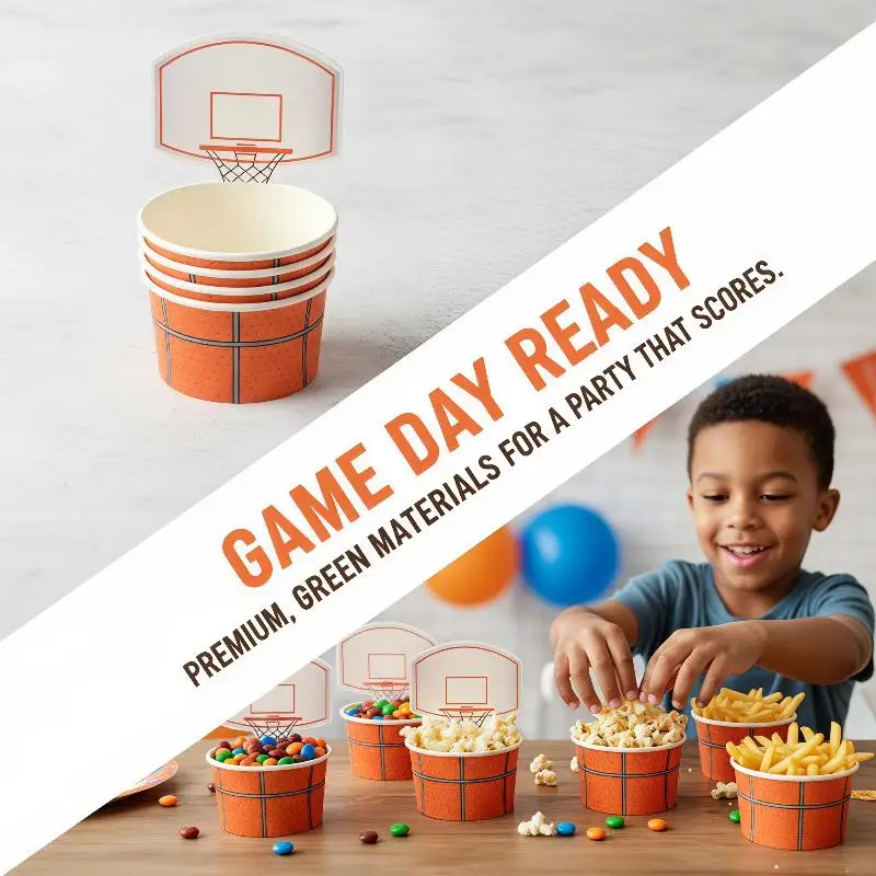 [J] 6 PCS Basketball Snack Bowls Dessert Paper Cups With Basketball Hoop Toppers Disposable Birthday Party Supplies Decors