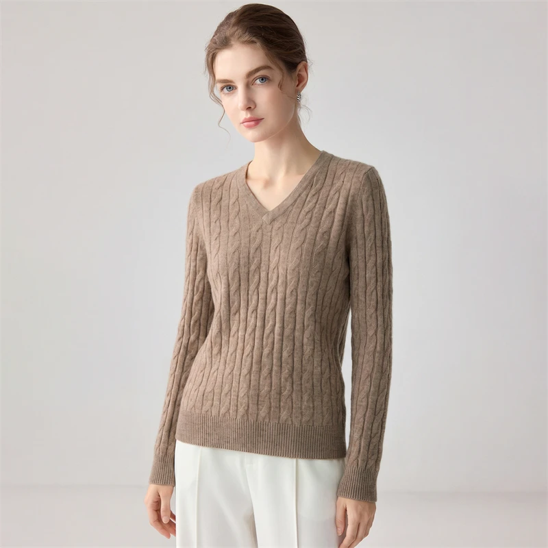 Vintage style 100% pure cashmere sweater women's V-neck Fried Dough Twists long sleeve soft waxy versatile pullover knitting bot