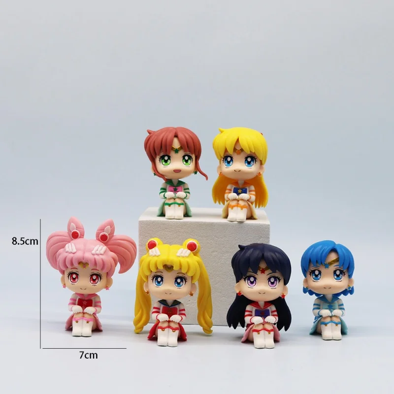 Anime nuevo Sailor Moon Mini figuras Tsukino Usagi Chibiusa Kino Makoto versión Q modelos de postura sentada estatua juguetes regalo de cumpleaños