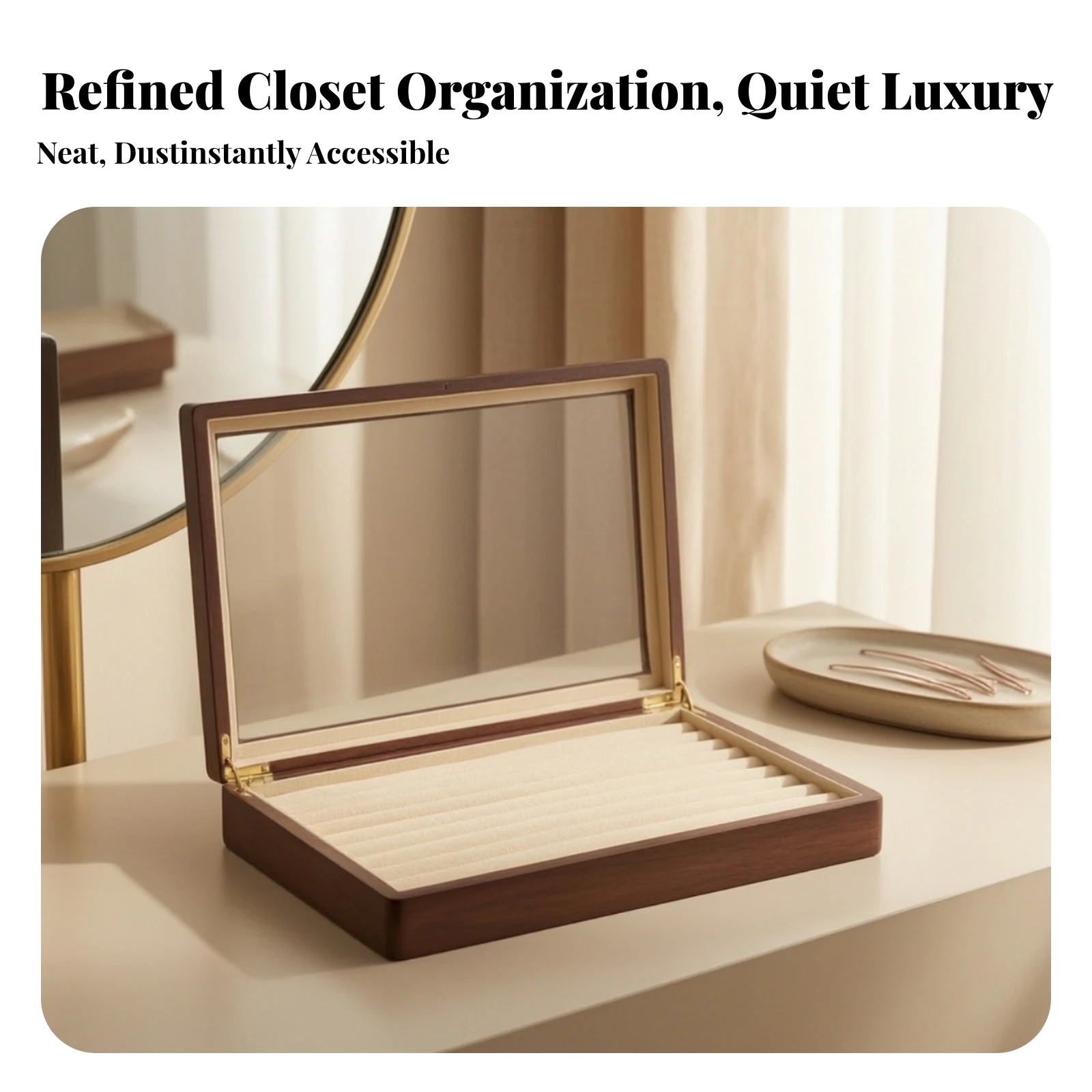 Jewelry Display Storage Box Rectangular Jewelry Storage Tray with Glass Lid for Dresser, Vanity
