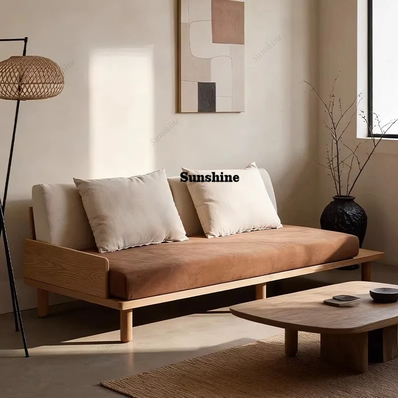 Solid wood sofa medieval wabi-sabi living room in-line row modern simple homestay small apartment Japanese styleY
