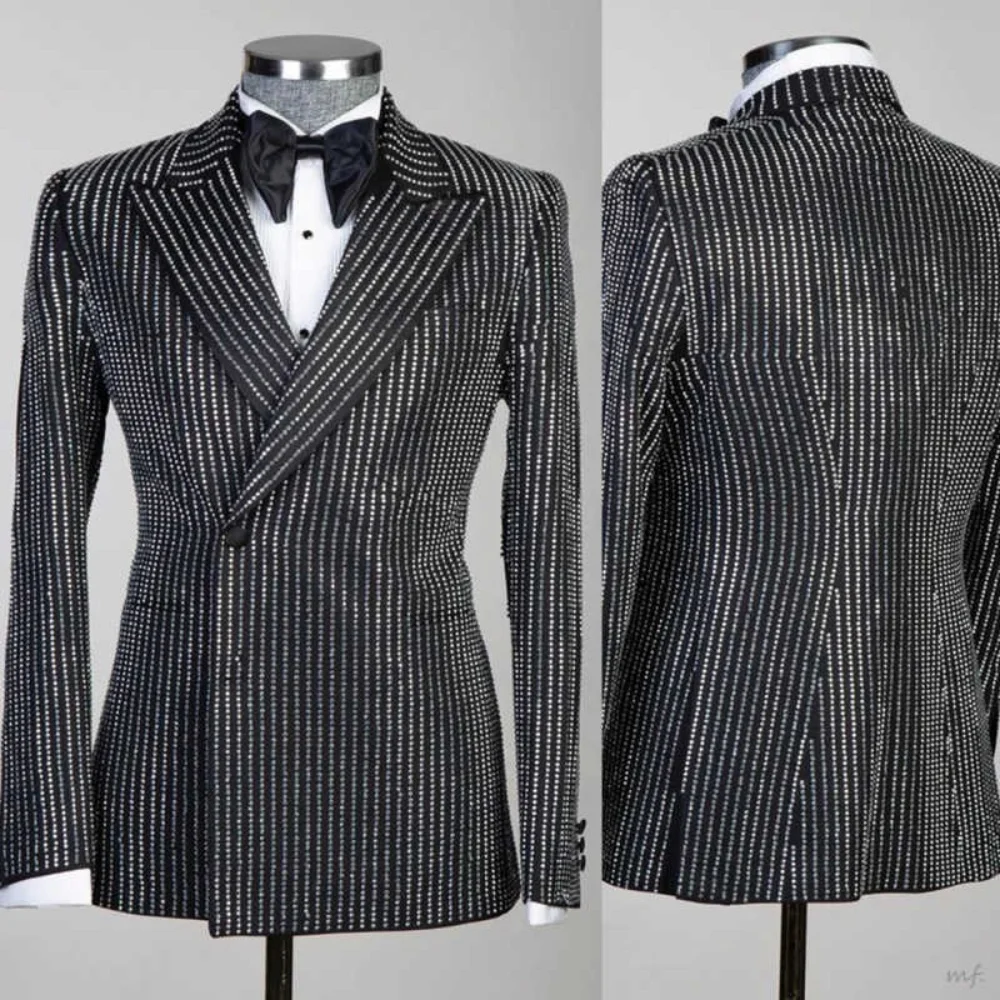 

Luxuxry Sparkly Men Suits 2 Pieces Sets Single Breasted Beaded Crystal Formal Business Banquet Wedding Groom Tuxedos Customized