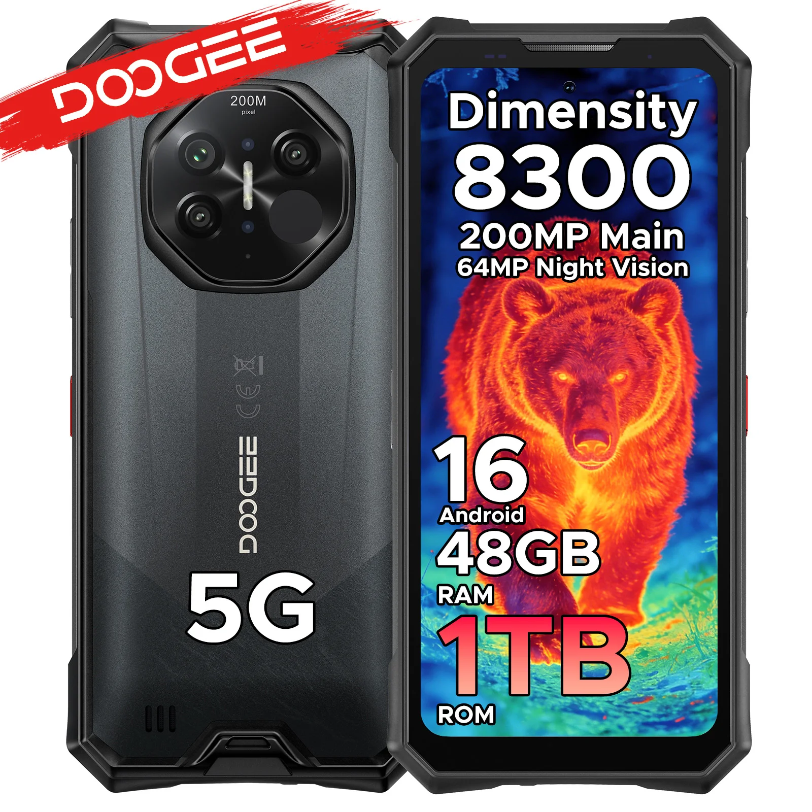 DOOGEE S300 Plus Téléphone Robuste 5G avec Imagerie Thermique, Processeur Dimensity 8300, Écran 6.78'', Caméra IA 200MP, 48 Go (12+36) de RAM, 1 To de ROM, Batterie 11000 mAh, Android 16, Charge