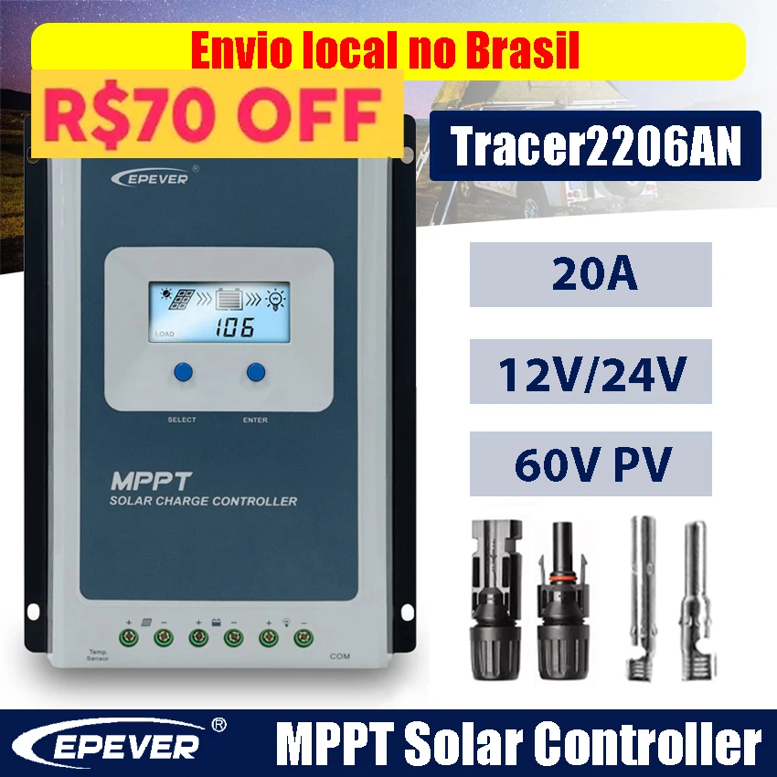 20A MPPT Solar Charge Controller 12/24V Battery Max PV Input 60V With MC Solar Panel Connector EPEVER Regulator 2206AN Brazil