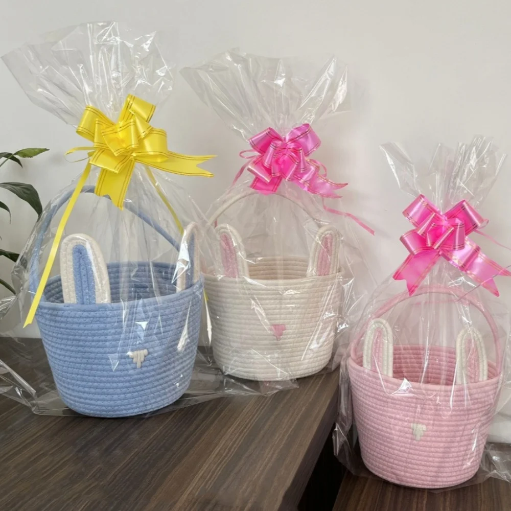 

Easter Bunny Rope Basket With Transparent Packaging Bag And Ribbon Bow Cute Woven Candy Gift Bag For Kids Eggs Hunt