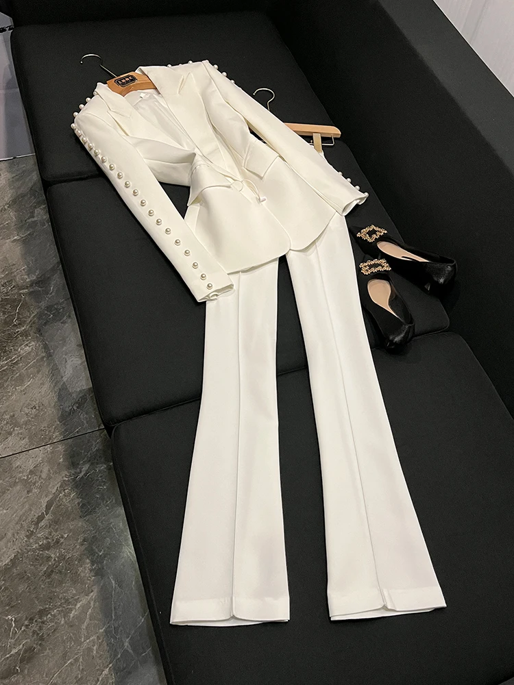 

Sli White Suit Top Micro Flare Pants Long Trousers Faionable Two-Piece Set Ele Ensemble for Women over 35