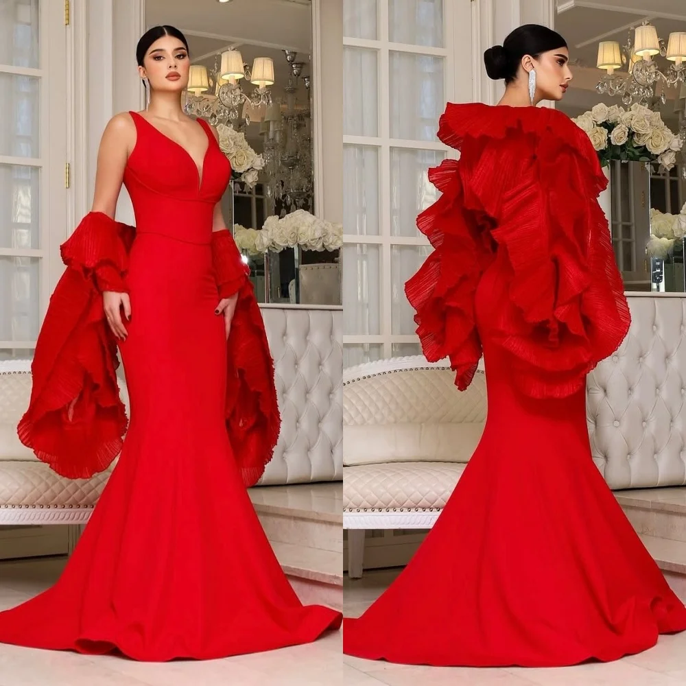 

Customized Elegant Jersey Pleat Trumpet V-neck Long Dresses Bespoke Occasion Formal Chinese Style High Quality