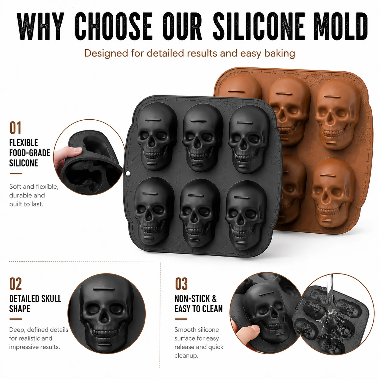 6-fach Totenkopf-Kuchenform aus lebensmittelechtem Silikon – leicht zu entformende Backform für gruselige Halloween-Party-Desserts und Schokolade – Detail 5