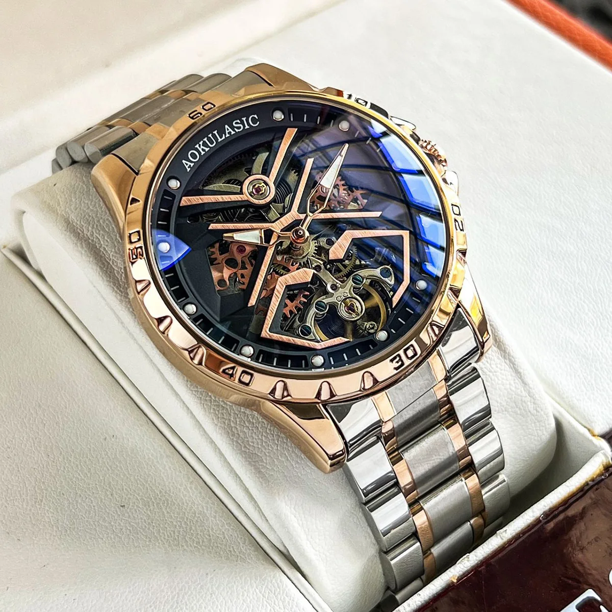 Fashion Tourbillon Skeleton Mechanical Watches Luminous Hands Rose Gold Automatic Watch for Men Steel Leather Strap AOKULASIC