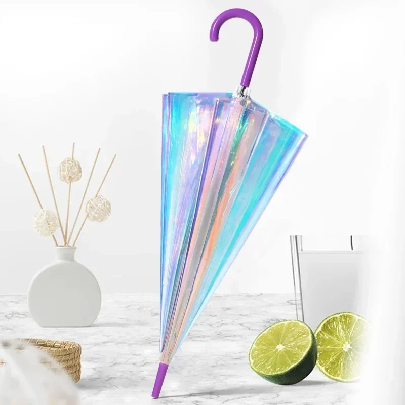 Automatic curved handle transparent umbrella, small fresh girly colorful umbrella, fashionable iris colorful laser umbrella