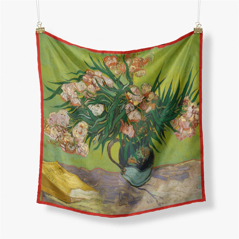 53CM Famous Oil Painting Fashion Women Scarf Wraps Twill 100% Silk Scarf Square Scarves Head Scarf Hijab Neckerchief Bandan