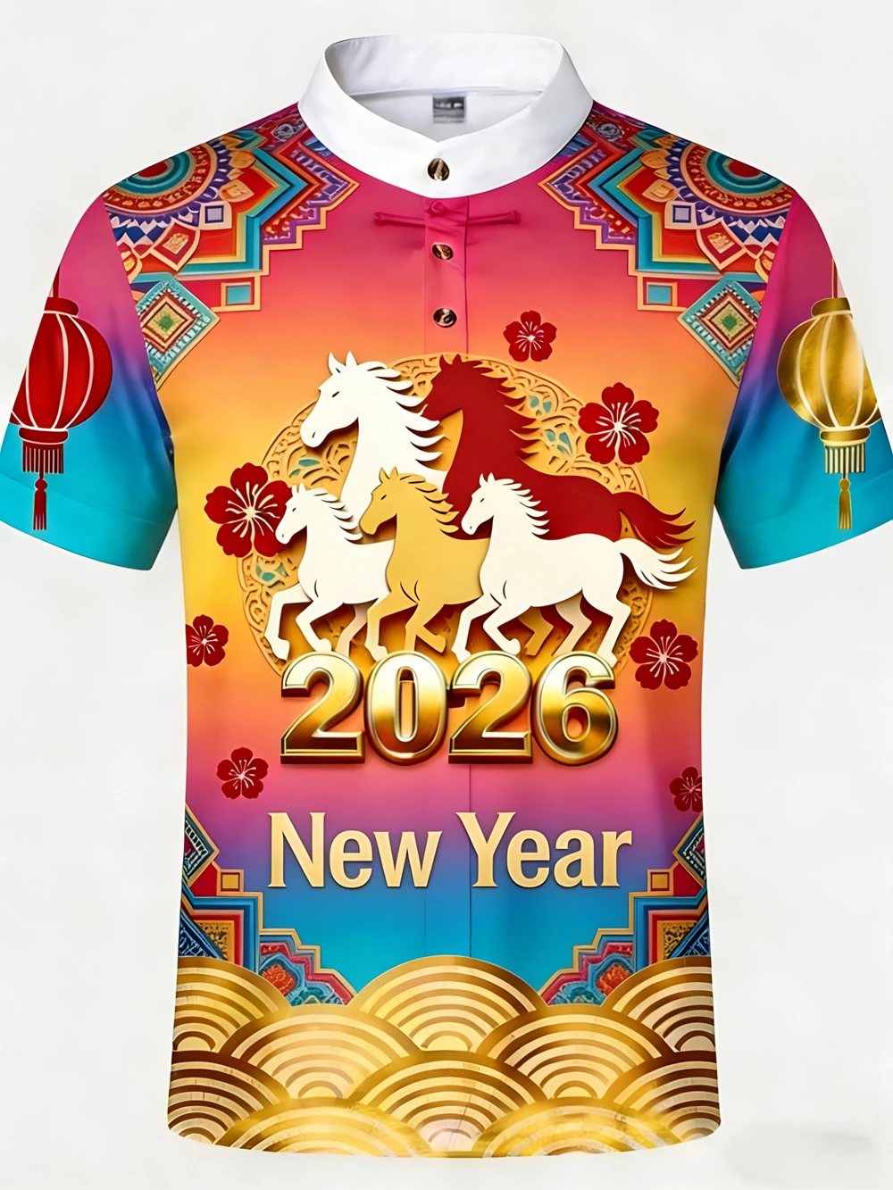 

2026 Мужская льняная рубашка с коротким рукавом Китайский год лошади Благоприятная и праздничная дизайнерская рубашка с 3D-принтом HD Гавайская мужская рубашка
