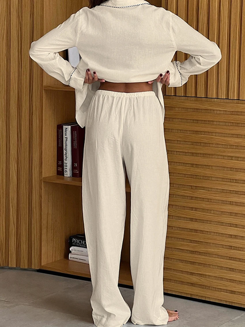 Marthaqiqi Cotton Female Sleepwear 2 Piece Suit Turn-Down Collar Pajamas Long Sleeve Nightgowns Wide Leg Pants Women Nightie Set