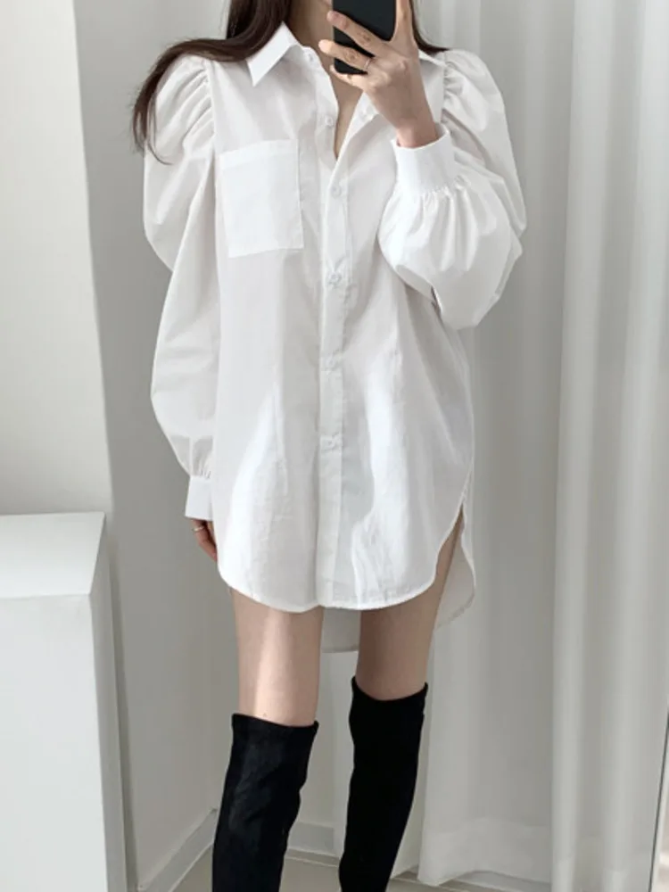 

Korean Style Fashion Single Breasted Pleated Bubble Sleeve Shirt Loose Casual Long Top Women 2024 Spring Autumn