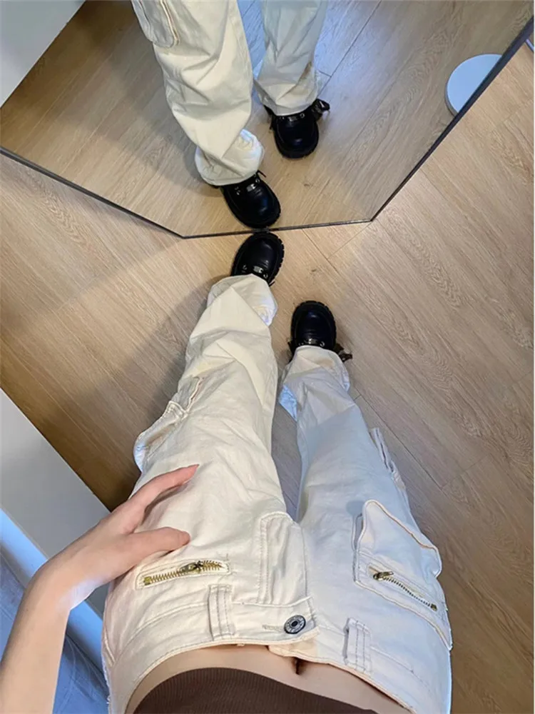 

Retro American High Street Tall Size Extended Light Beige Workwear Denim Pants Women's Spring Autumn High Waist Slimming Floo...