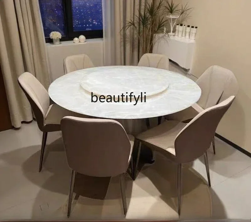 

Cy Natural White Ice Jade Luxury Stone Dining Table Round Table With Turntable Natural Marble Round Table