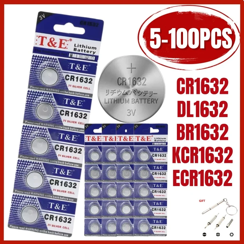 5-100PCS 3V CR1632 Battery CR 1632 Lithium Battery DL1632 BR1632 KCR1632 ECR1632 For Car Remote Control Watch Button Coin Cells