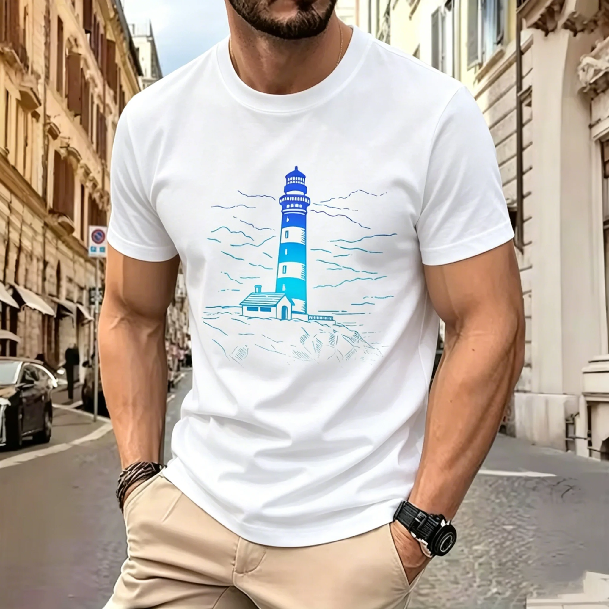 

Новая мужская летняя тренировочная футболка с принтом Lighthouse, высококачественная дышащая быстросохнущая футболка с короткими рукавами, спортивная футболка для марафона и фитнеса