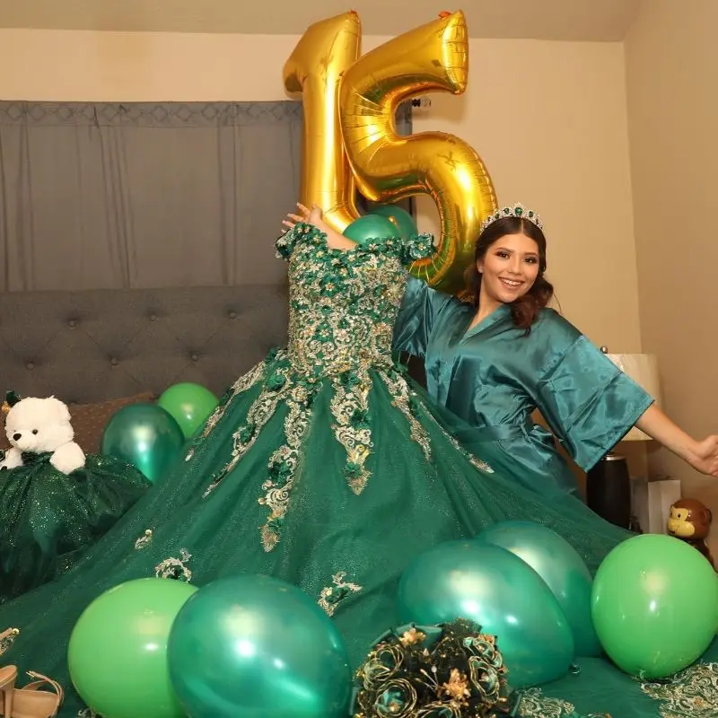 Lorencia-Quinceanera Mexicana Vestido de Baile com Aplique de Renda, Vestido Frisado, Verde Esmeralda, Vestido Doce 16, XV 15 Años, YQD468