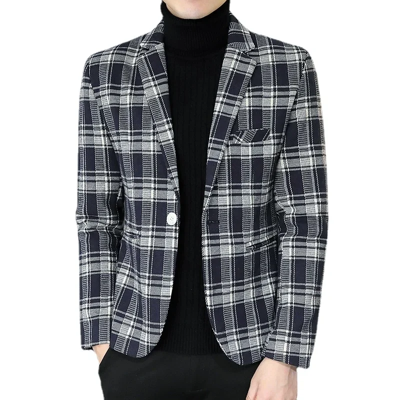 

Boutique Men's Fashion Gentleman's Comfortable and Versatile Plaid Korean Style Trendy Ruffian Jacket High-quality Small Suit