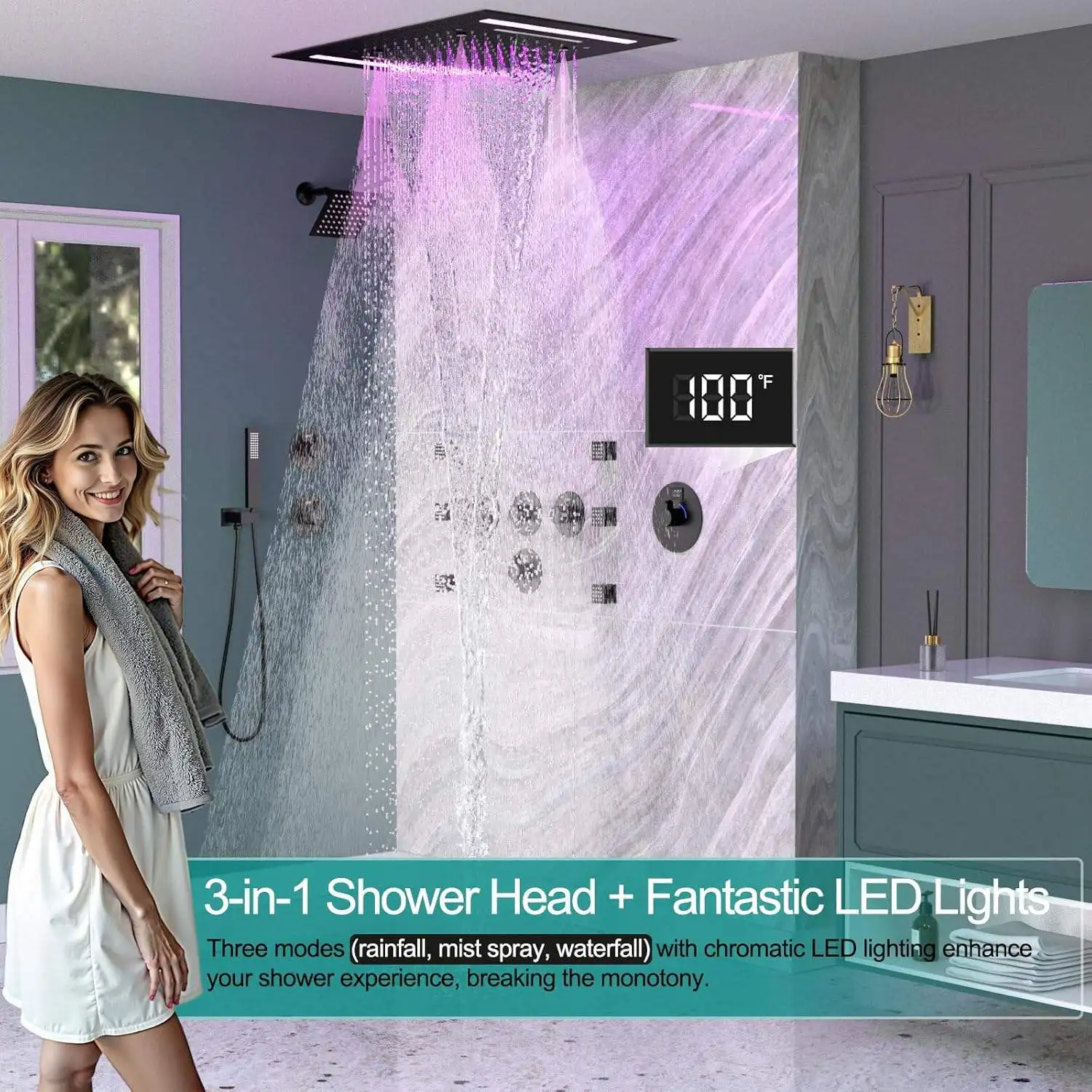 Black LED Digital Display Rain Shower Head System  Ceiling Mount Shower Set Rain Led Top Shower Set Head