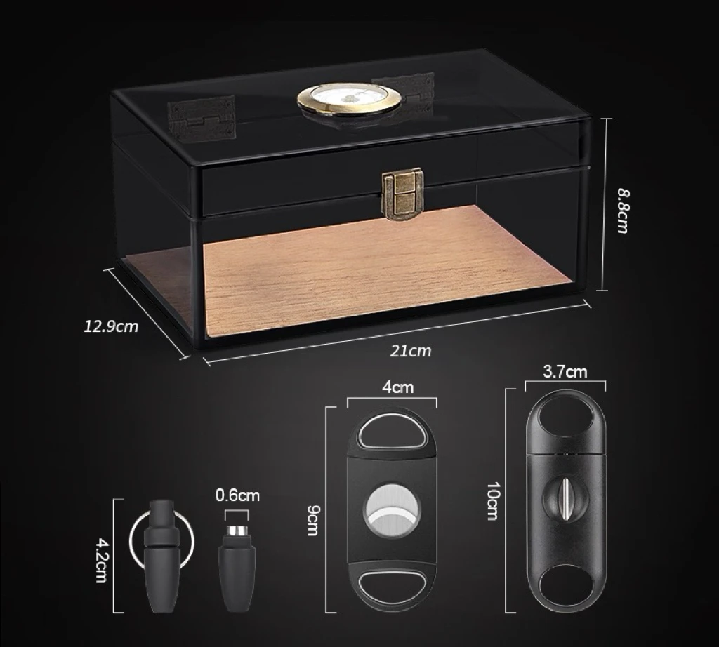 A Transparent Acrylic Cigar Box With A Sealed Snap-Lock Mechanism For Moisture Retention And A Cedar Wood Lining.