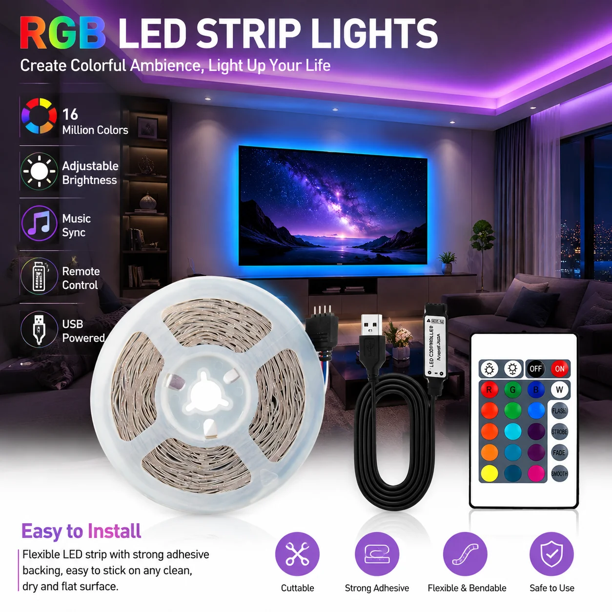 1-30M USB RGB LED Light Strip with 24 Key Remote, Adjustable Color, Easy Installation, Bedroom Party Holiday Wedding Decorations