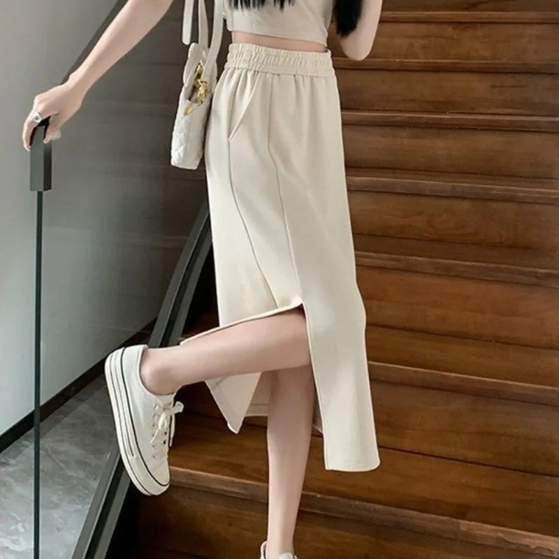 Spring Summer Women's Clothing Elastic High Waisted Solid Color Vacation Elegant Straight Short Knee Preppy Style Vintage Skirts