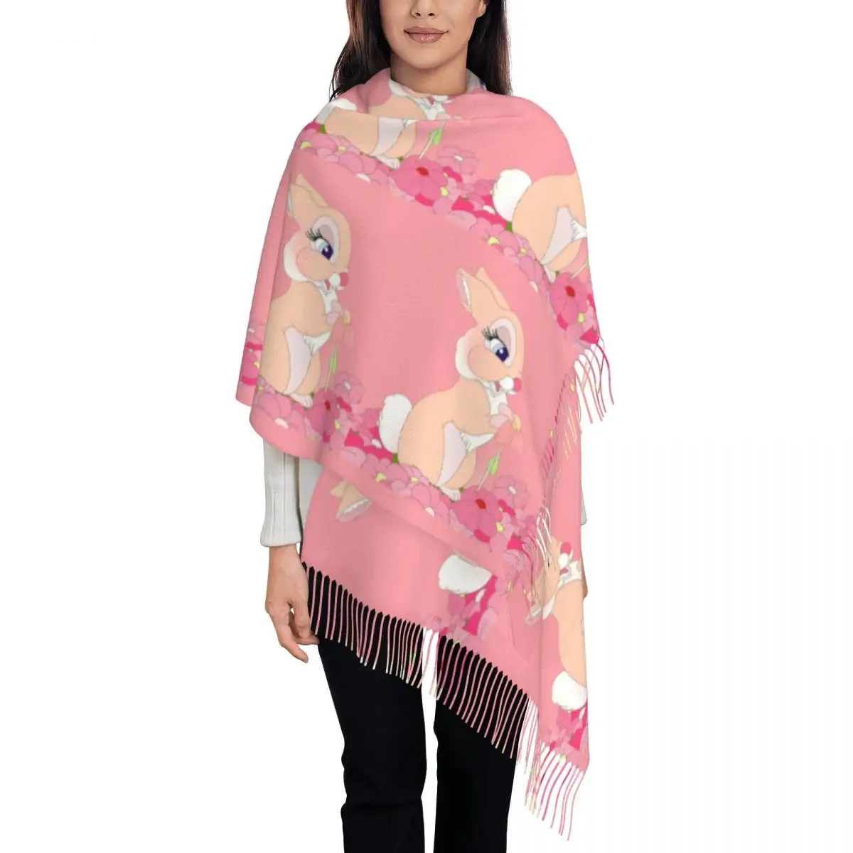 Custom Ladies Large Bambi Rabbit Cartoon Animes Scarves Women Winter Fall Soft Warm Tassel Shawl Wrap Scarf