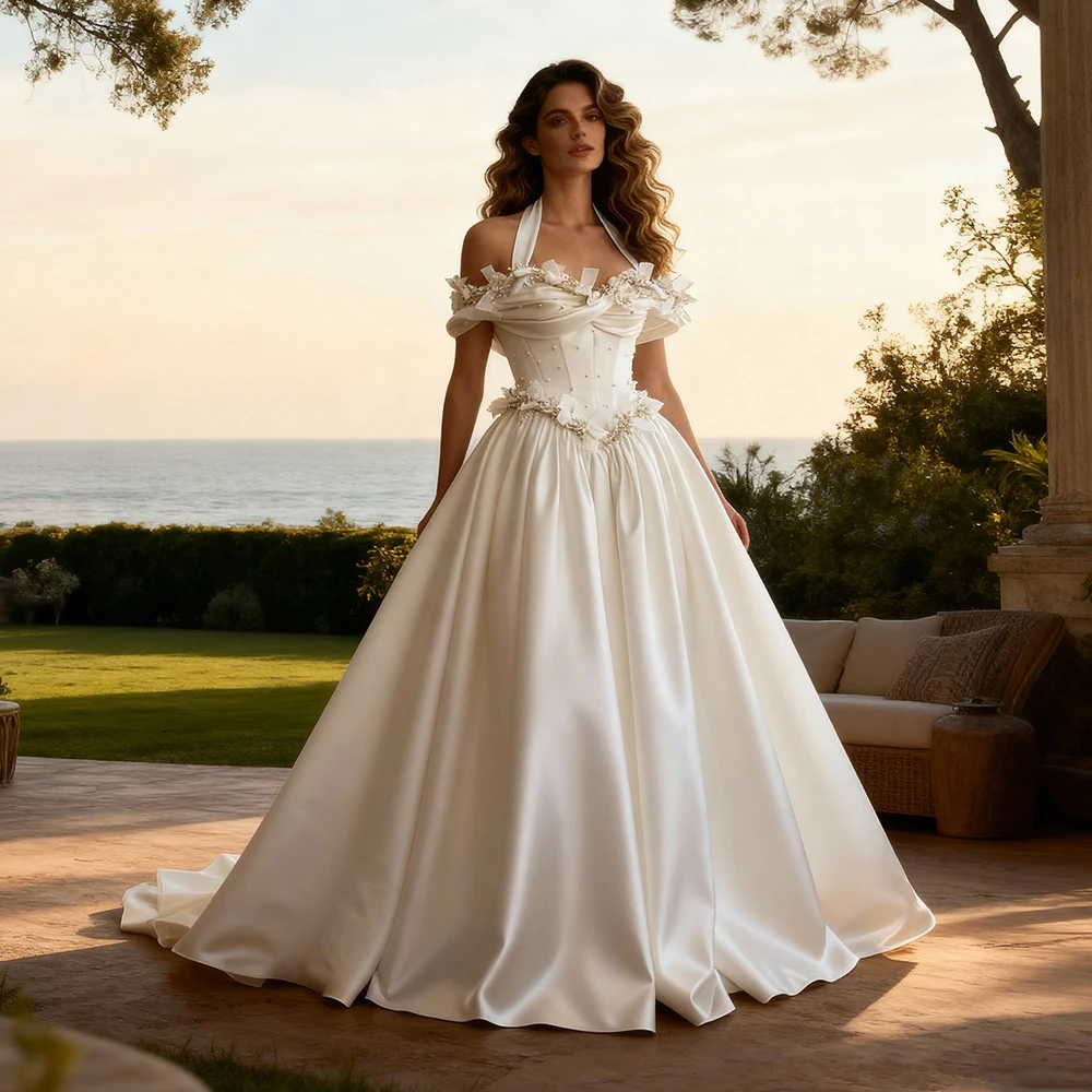 

Свадебные платья принцессы с 3D цветами и вечернее атласное платье с лямкой на шее и открытыми плечами для фотосессии Элегантные платья Длинное платье