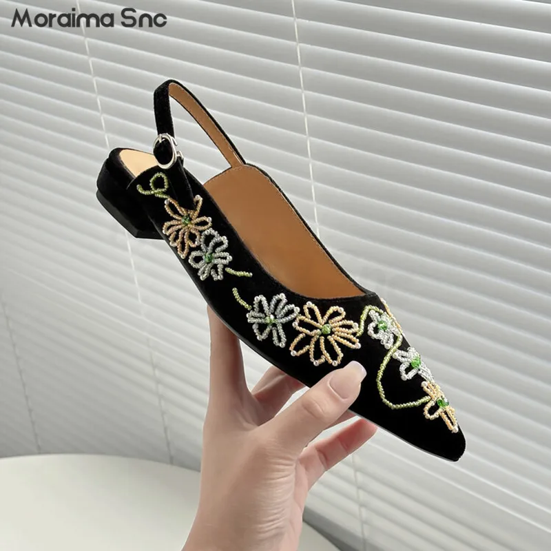 

Handmade Colorful Beaded Flower Shoes Velvet Retro Toe-Cap Back Empty Low-Heeled Sandals Summer Pointed Toe Sandals Women's Shoe