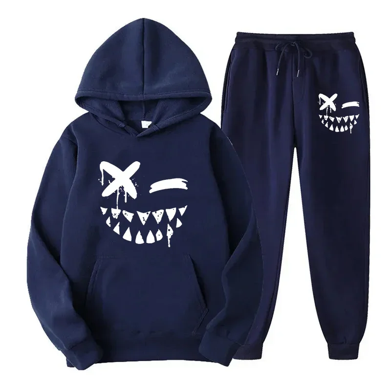 Evil Smile Printed Casual Sportswear Fashion Hoodie+Pants Suit Running Fitness Sportswear Autumn/Winter Men's and Women's Set