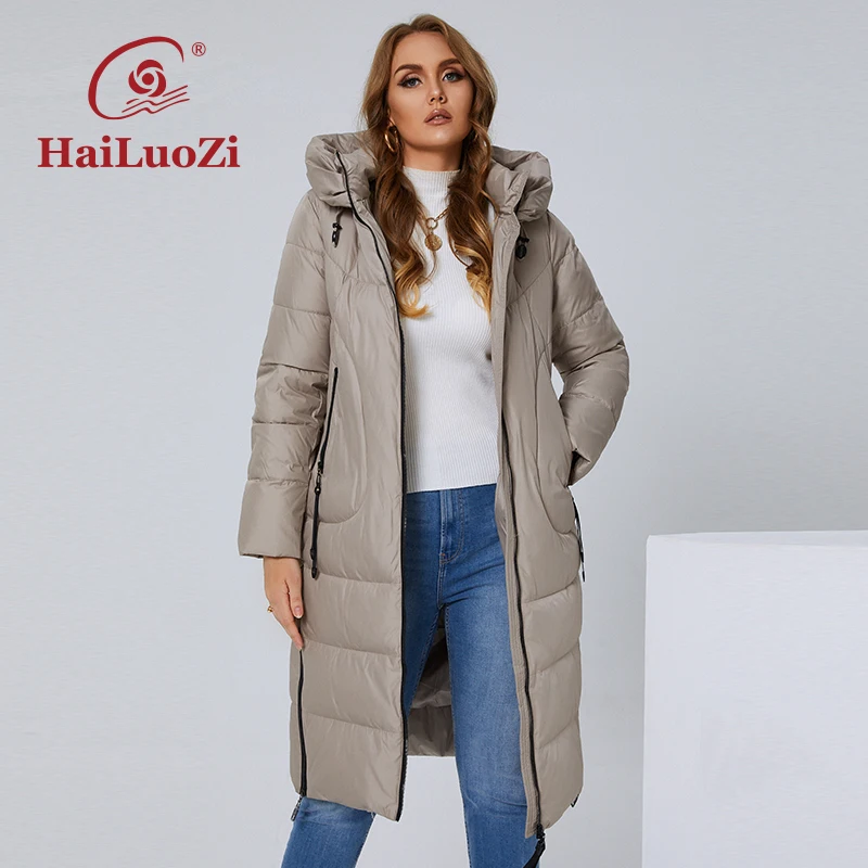 Imagem -03 - Hailuozi-jaqueta Longa de Gola Alta para Mulheres Cabolsa Feminino na Moda Capuz Elegante Parka Zíper Lateral Grosso L5xl 6079 Novo 2023