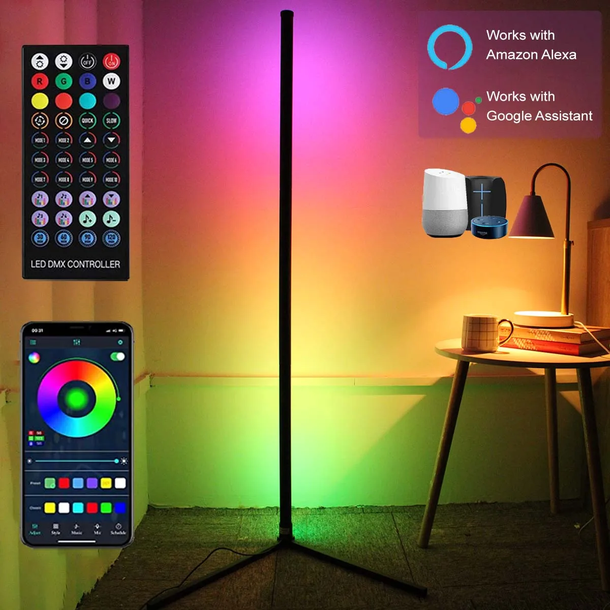 63 Cal inteligentna narożna lampa podłogowa Bluetooth z przyciemnianiem RGB LED nastrojowe oświetlenie Alexa stojąca lampa do sypialni wystrój