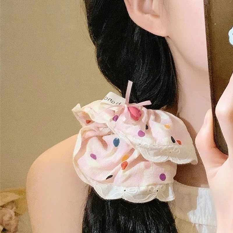 2 Pcs Women's Hair Scrunchies Set Sweet Korean Colorful Polka Dot Plaid Lace Elastic Hair Bands Kawaii Hair Accessories For Girl