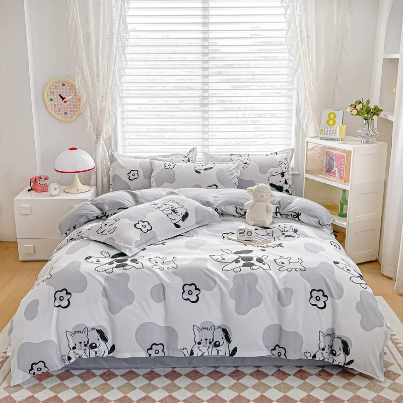 4PC Cute Grey Puppy Cartoon Bedding Set, Soft Breathable All-season Bedding for Playful Bedrooms, Apartments & Homestays