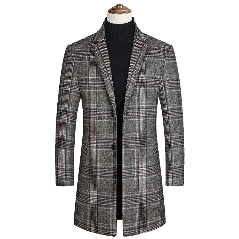 

Men Plaid Wool Blends Cashmere Trench Coats Long Winter Jackets High Quality Winter Coats Male Business Casual Wool Trench Coats