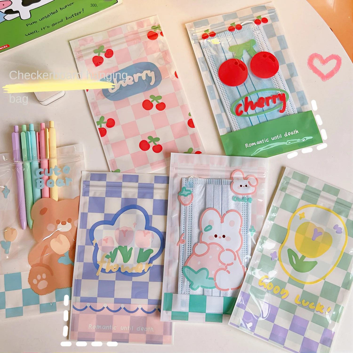 Cartoon Cute Self sealing Bag Food Accessories Stationery Mask Storage Packaging Bag Checkerboard Tulip Sealing Pocket