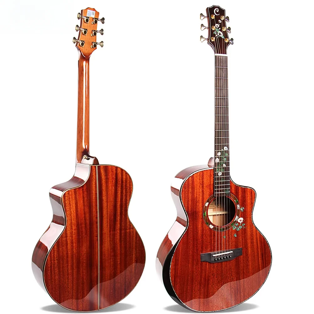 Top Quality Beautiful Inlay With Armrest Style Chitarra Cheap Price Cutaway All Solid Mahogany Electric Acoustic Guitar For Sale