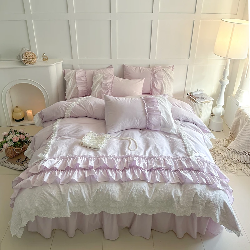 

Korean Style Lace Ruffles Sweet Cute Girl Design 100% Cotton Bedding Set Single Queen King Duvet Cover Set Bed Skirt Pillowcases