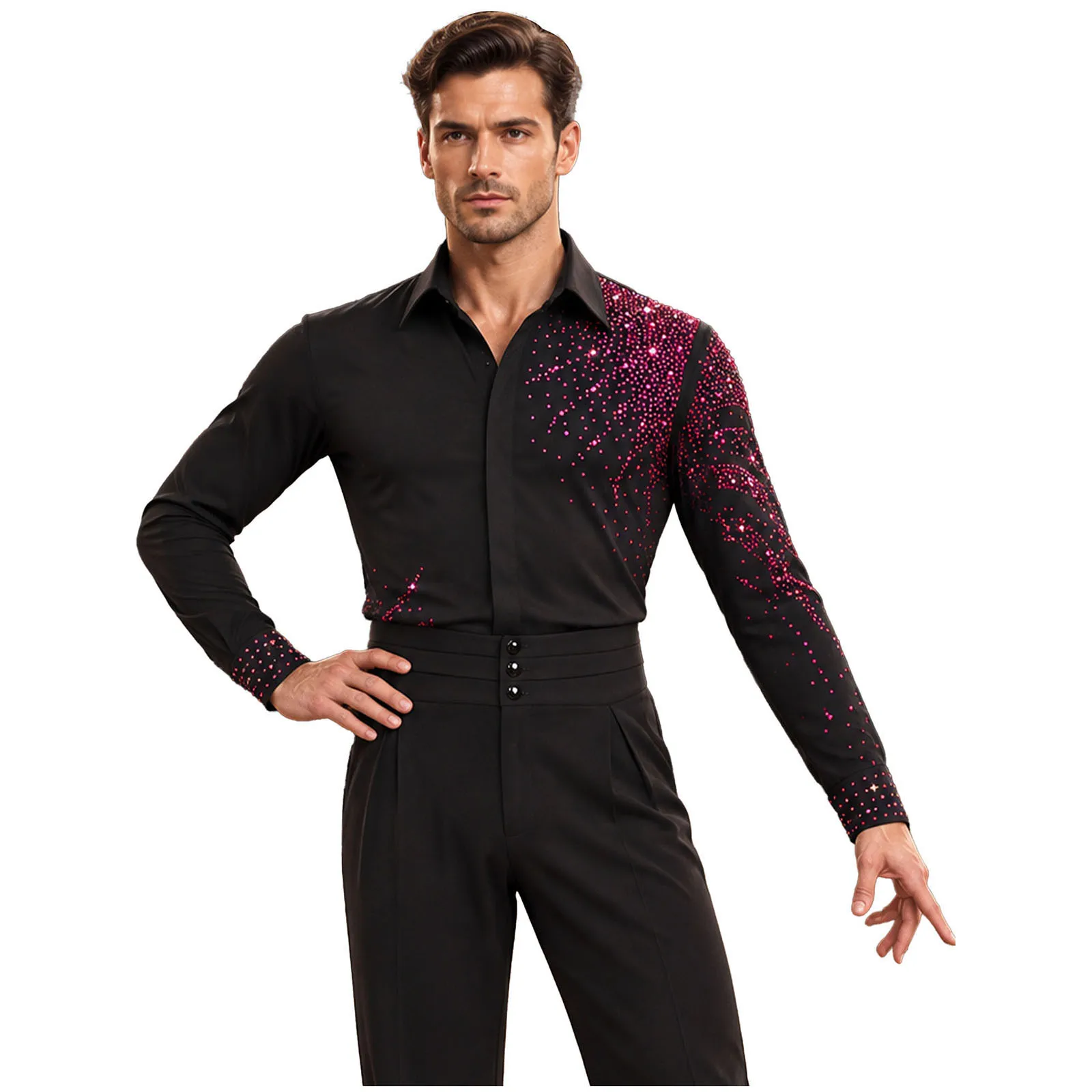 Men Latin Dance Shirt Black Long Sleeve Rose Rhinestone Meteor Pattern Tops Salsa Tango Stage Performance Costume Dancewear