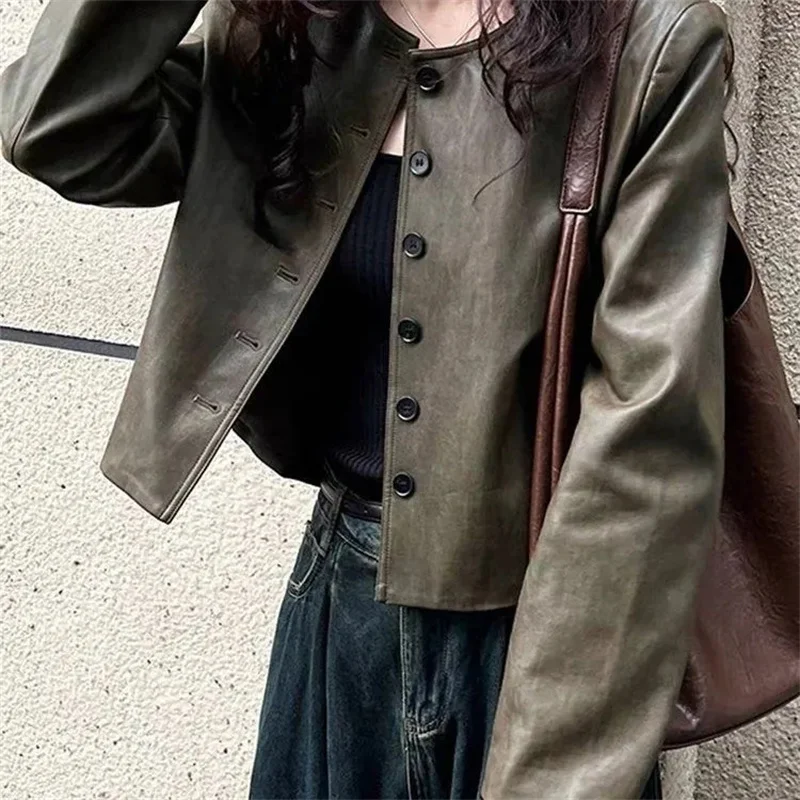 السترات النسائية جلد المرأة معطف قصير فضفاض الربيع والخريف مهرج واحدة الصدر بو دراجة نارية دعوى سترة جلدية المد