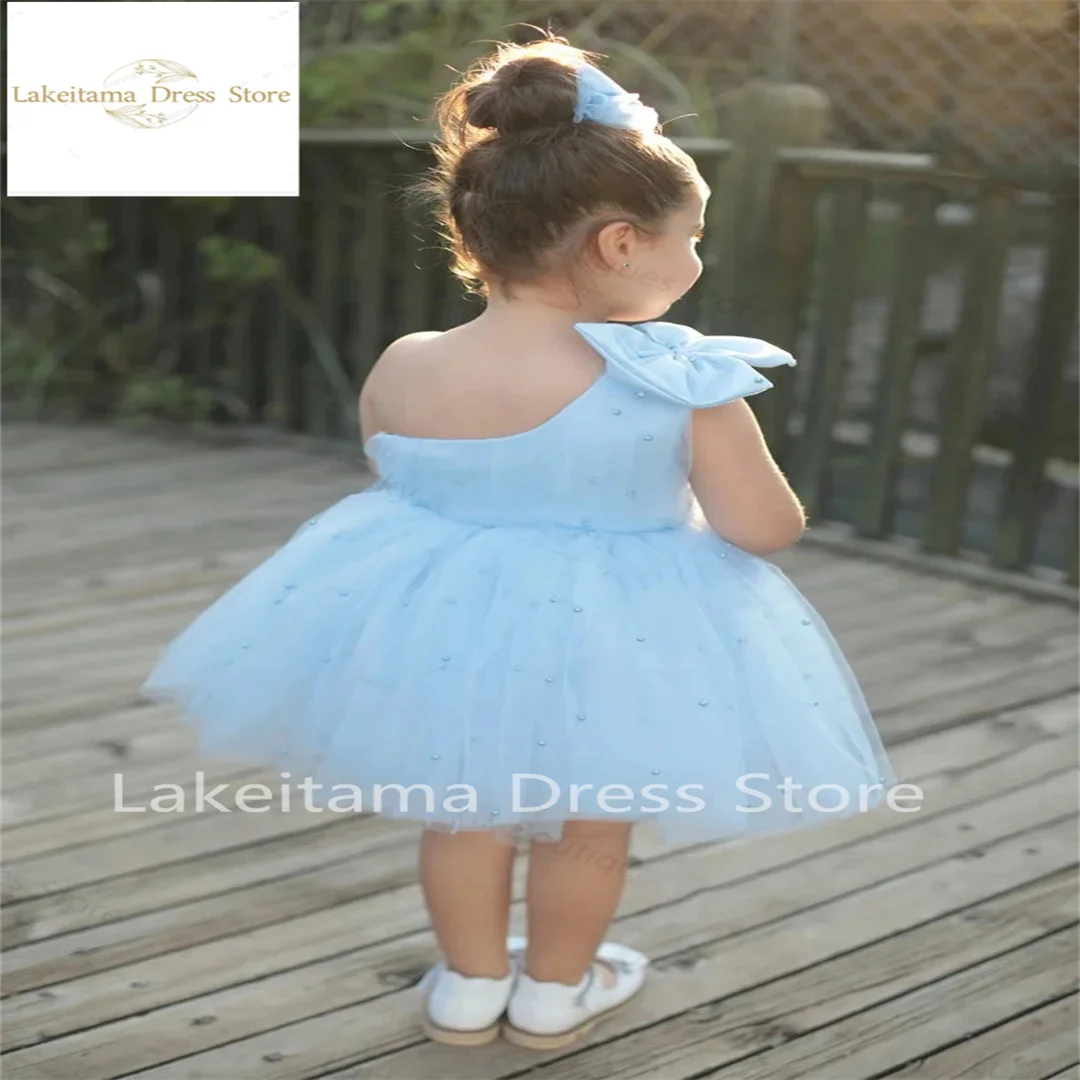 

Light Blue Pearls Flower Girl Dress For Wedding Beaded Knee Length Sleeveless With Bow Tulle Kids Birthday First Communion Gown