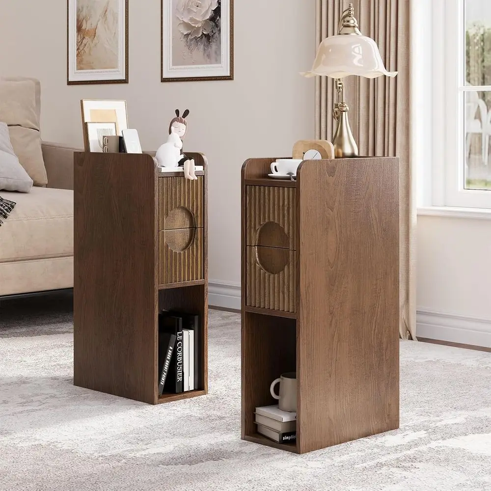

Elegant 2-Piece Nightstand Set with Drawers, Slender Wood Bedside Tables, Modern Century End Table, Slim Tall Nightstands, Walnu