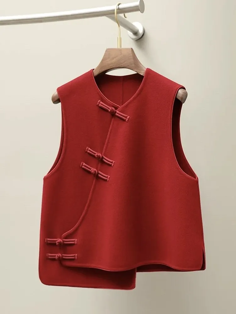 

Красный китайский шерстяной жилет, женская осенне-зимняя верхняя одежда, ретро-аутлетный магазин, пальто на заказ, прямой крой, без све, круглый Ne